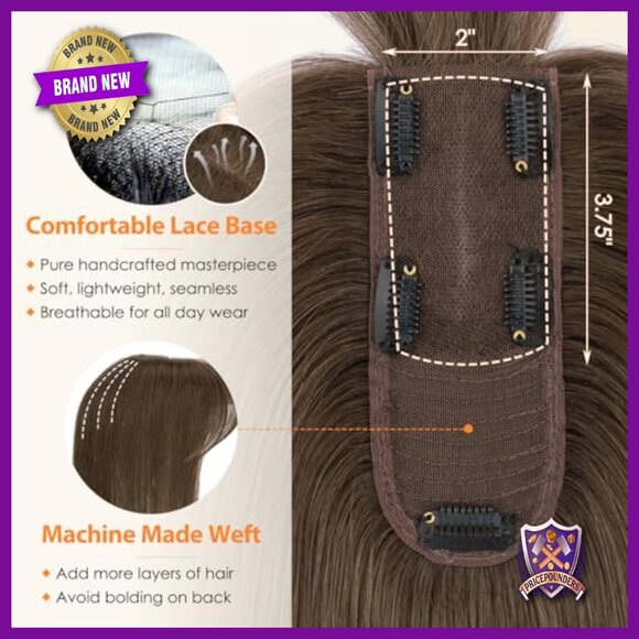 Human Hair Topper with Wispy Bangs, 10 Inch, Clip On Hairpiece for Hairline main image 4